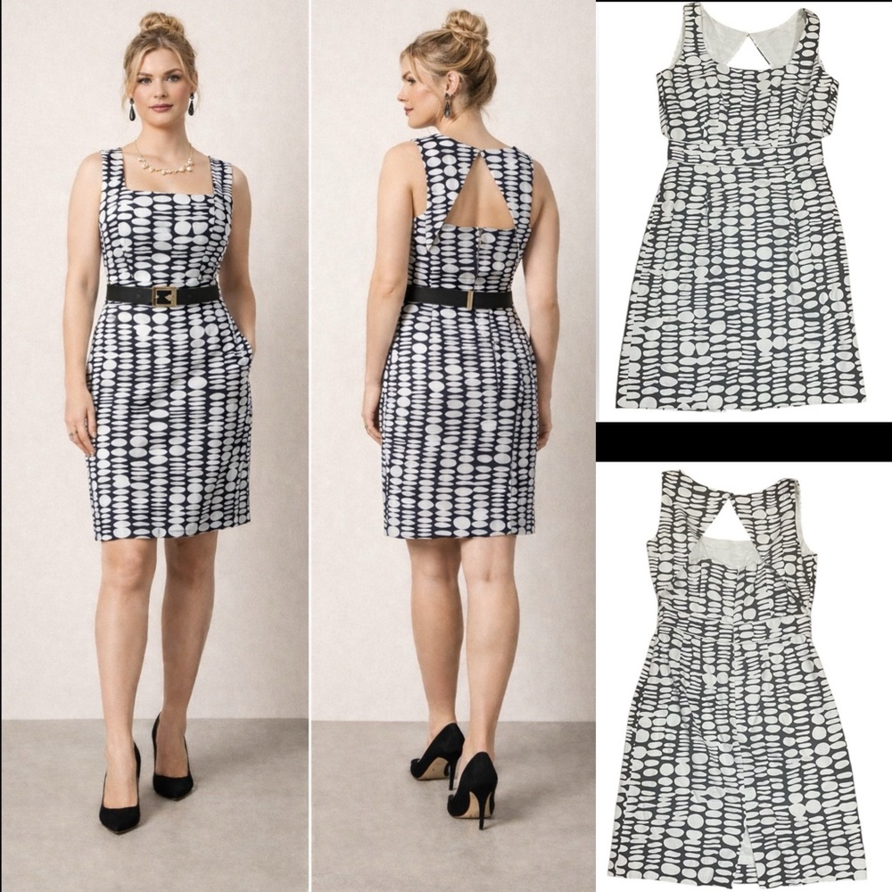 Antonio Melani Navy and White Sleeveless Polka Dot Sheath Lined Dress Size 6 - Picture 1 of 16